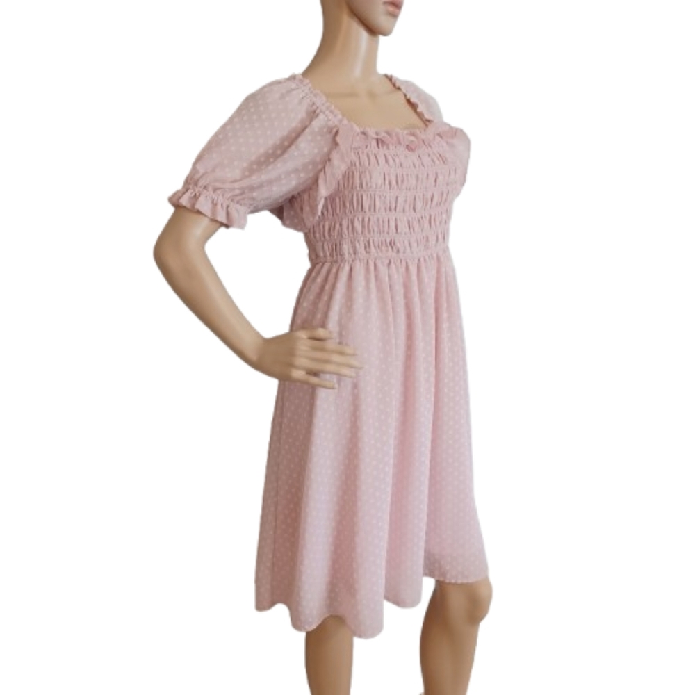 Pink Puff Sleeve Coquette CottageCore Feminine Ruffle Summer Dress Womens Medium